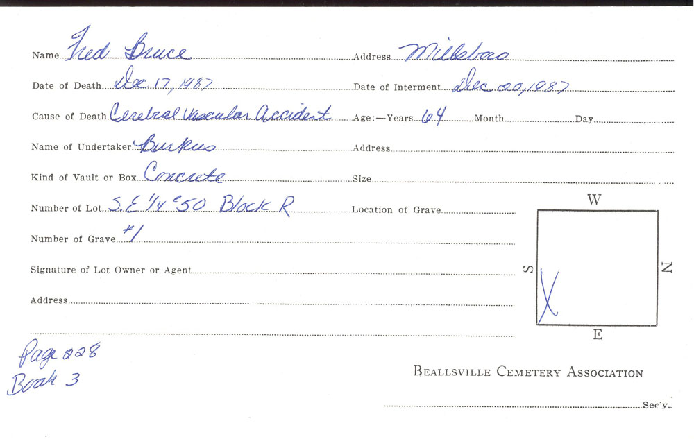 Fred Bruce burial card